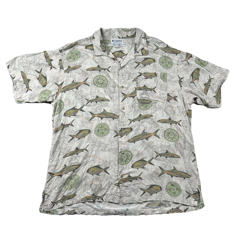 Vintage Columbia Shirt Mens L Loop Collar 100% Rayon All Over Print Fish Camp